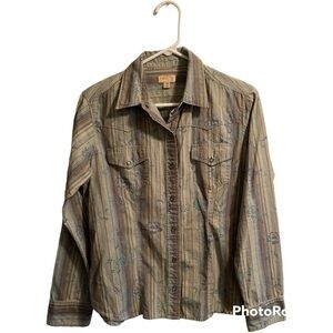 Adventure Clothing Western Snap Button Floral Shirt Womens M Blue Gray Stripes